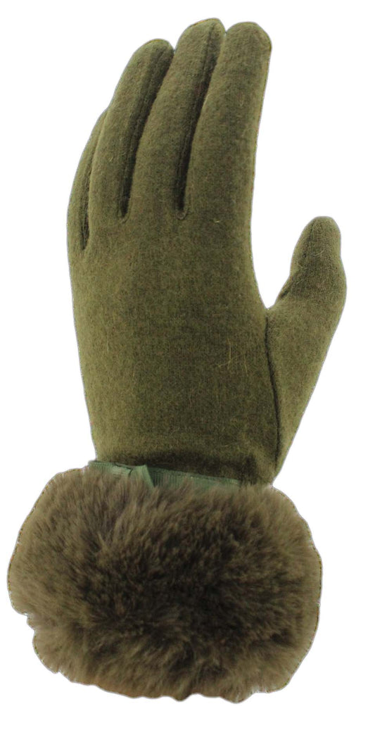 Wool Glove Faux Fur Cuff Green