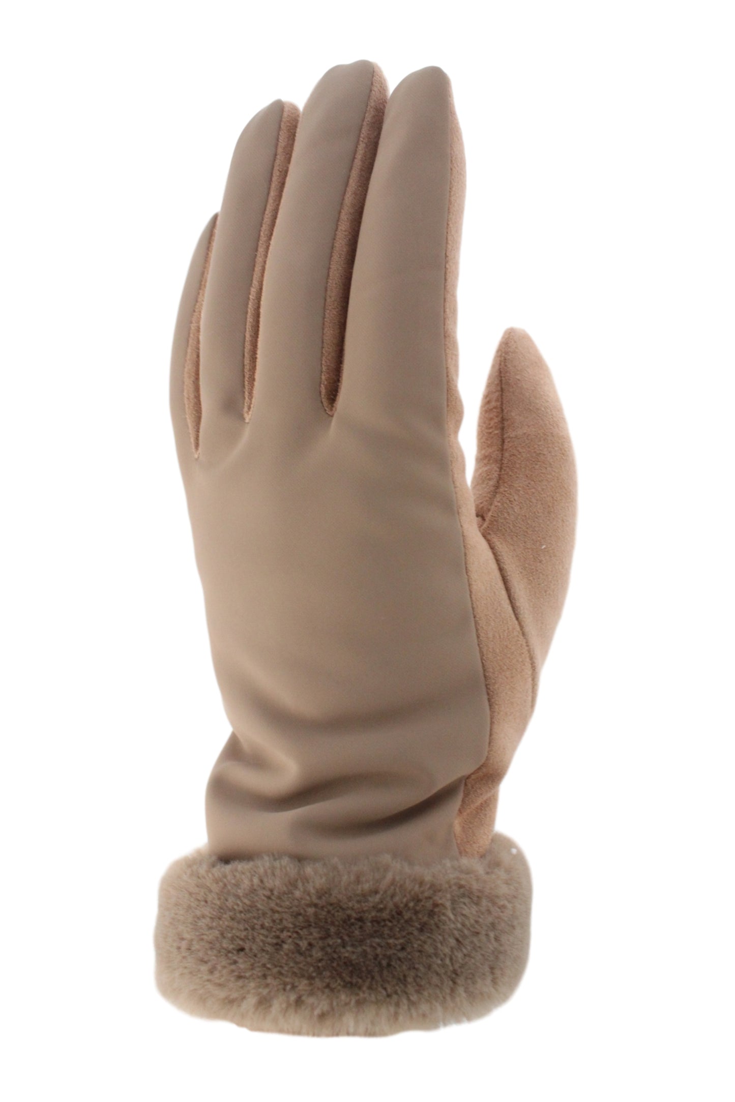 Nylon Back Microsuede Palm With Touch Function, Faux Fur Cuff Beige