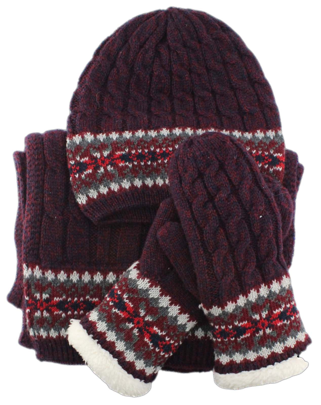 Ladies Knit Hat Scarf Mitt Set Fleece Lined Wine