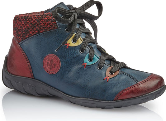 Rieker Boots L6513-37 - Blue & Red Lace Up Ankle Boot