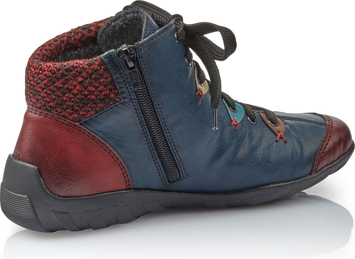 Rieker Boots L6513-37 - Blue & Red Lace Up Ankle Boot